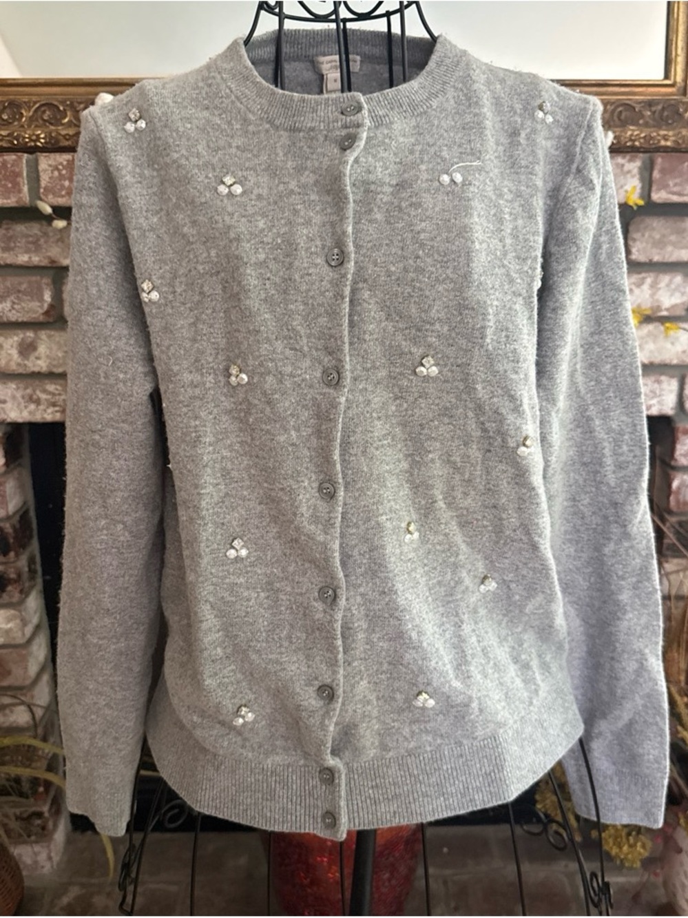 J.Crew Grey Caryn Wool Cotton Blend Button Up Cardigan Rhinestone Embellishments